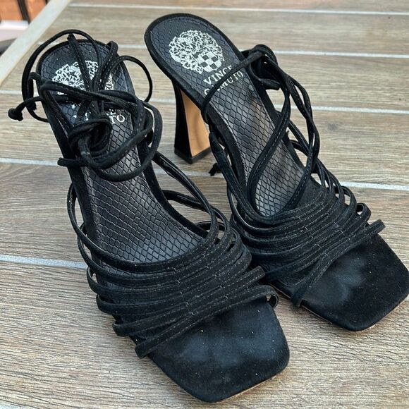 Vince Camuto‎ black suede Roselian ankle wrap heels sandals size 7 - Picture 1 of 7